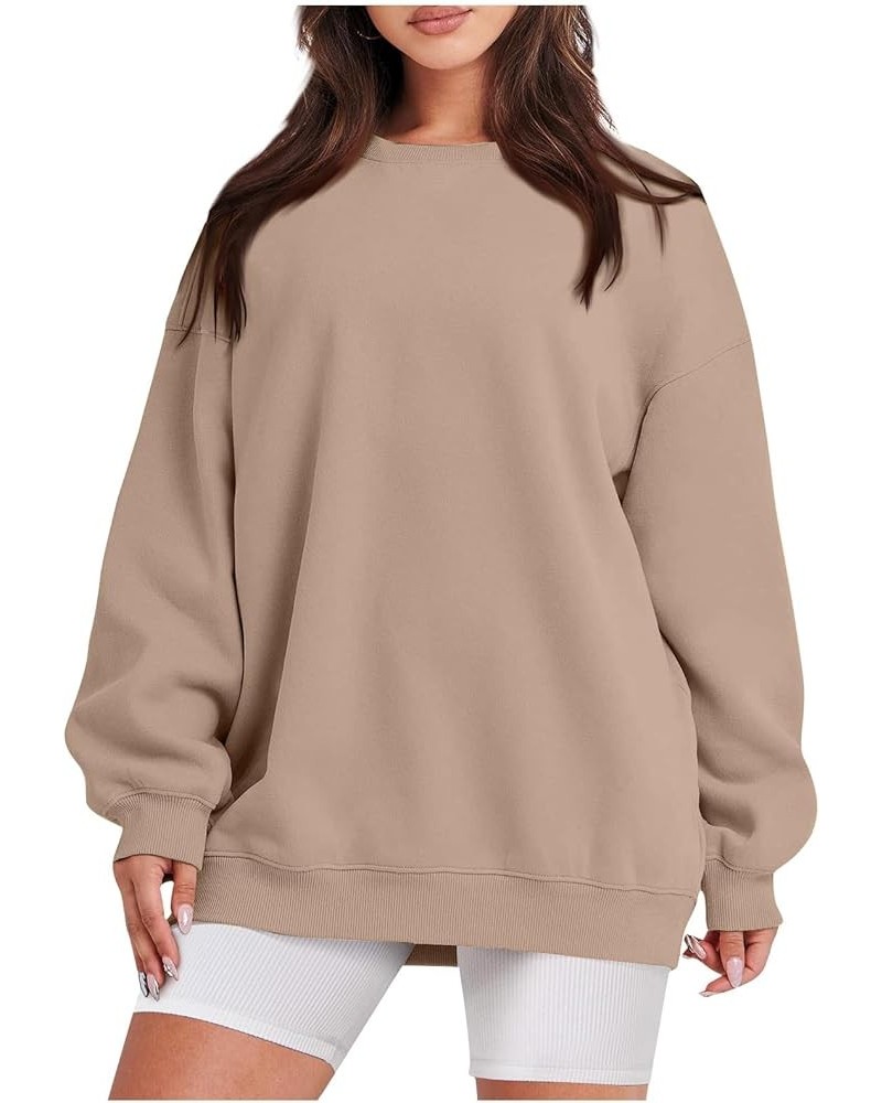 Women Oversized Sweatshirt Trendy Long Sleeve Round Neck Solid Color Pullover Tops 2023 Fall Y2K Clothes 13khaki $10.90 Hoodi...