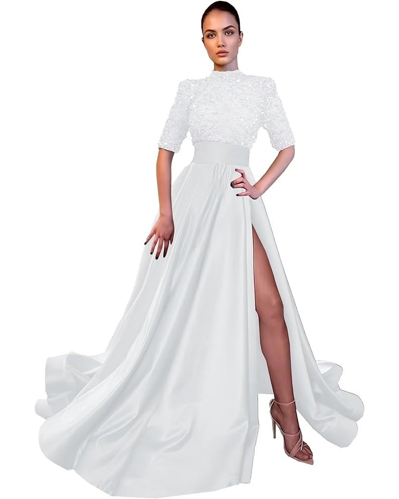 Sparkly Sequin Prom Dresses for Women Slit 2024 Half Sleeve Satin Long Ball Gown Formal Evening Gowns White $41.24 Dresses