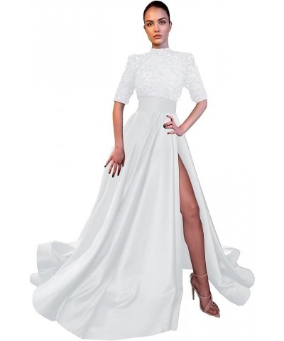 Sparkly Sequin Prom Dresses for Women Slit 2024 Half Sleeve Satin Long Ball Gown Formal Evening Gowns White $41.24 Dresses