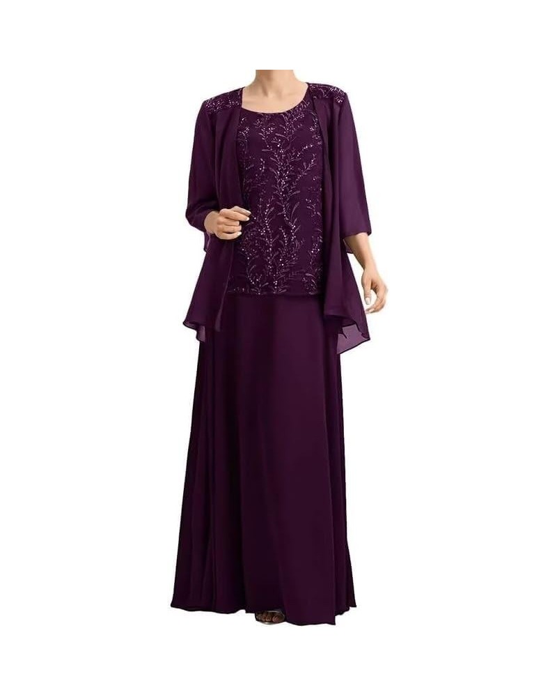 3 Pieces Mother of The Bride Dresses with Jacket Chiffon Lace Formal Wedding Guest Dresses 3/4 Sleeve Evening Gowns Plum $31....