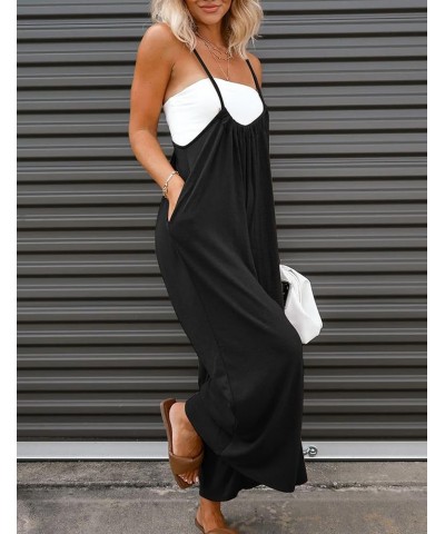 Women's Summer Casual Loose Sleeveless Jumpsuits Adjustable Spaghetti Straps Wide Leg Overalls with Pockets Black $13.99 Over...