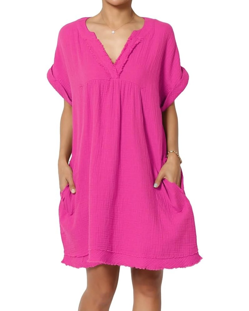 Women's Casual Loose Short Sleeve V Neck Cotton Gauze Babydoll Shift Mini Dress Lt Magenta $15.18 Dresses