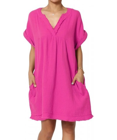 Women's Casual Loose Short Sleeve V Neck Cotton Gauze Babydoll Shift Mini Dress Lt Magenta $15.18 Dresses