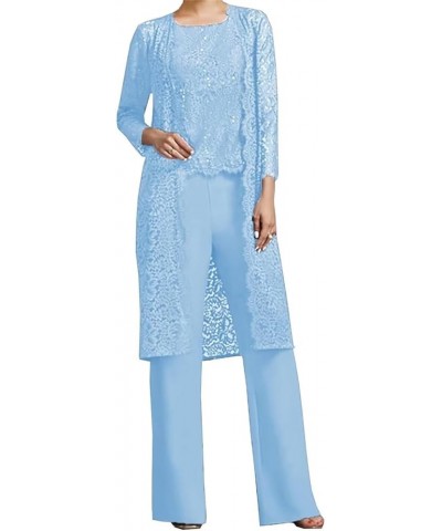 3 Pieces Pant Suits Mother of The Bride Dresses for Women with Jacket Chiffon Lace Appliques Formal Evening Ball Gown Sky Blu...