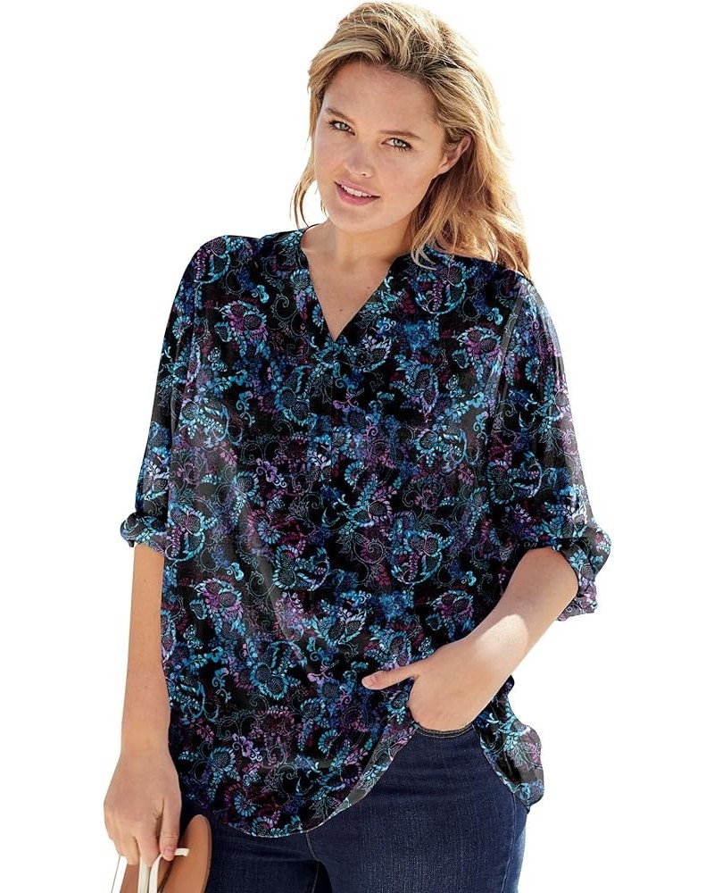 Women's Plus Size Three-Quarter Sleeve Tab-Front Tunic Black Multi Batik $19.11 T-Shirts