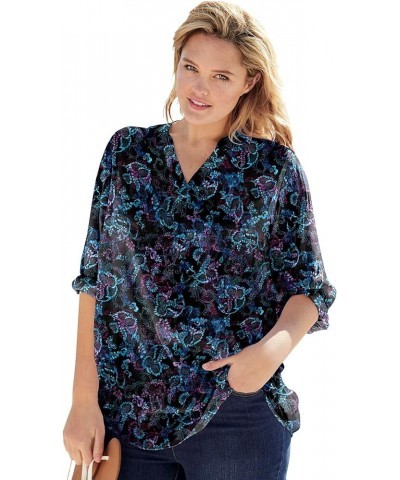 Women's Plus Size Three-Quarter Sleeve Tab-Front Tunic Black Multi Batik $19.11 T-Shirts