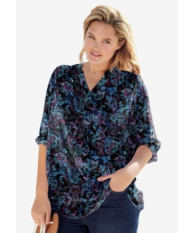 Women's Plus Size Three-Quarter Sleeve Tab-Front Tunic Black Multi Batik $19.11 T-Shirts