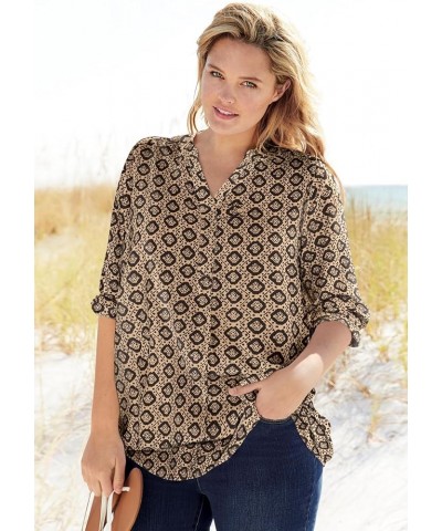 Women's Plus Size Three-Quarter Sleeve Tab-Front Tunic Black Multi Batik $19.11 T-Shirts