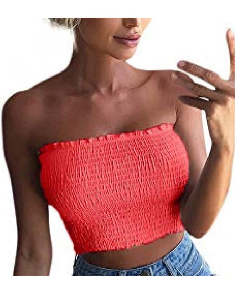 Women's Strapless Solid Color Tube Tops Casual Elastic Bandeau Bra Stretch Wrap Tops Watermelon Red $3.83 Tanks