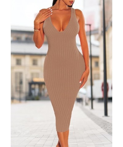 Women's Casual Sexy Bodycon Ribbed Tank Dress Scoop Neck Sleeveless Club Dresses Camel-g $8.69 Dresses