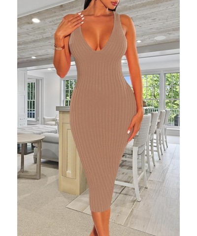 Women's Casual Sexy Bodycon Ribbed Tank Dress Scoop Neck Sleeveless Club Dresses Camel-g $8.69 Dresses