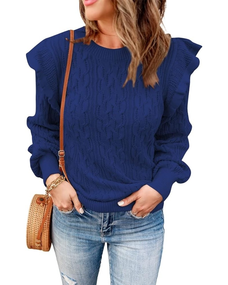 Womens Crewneck Sweaters Textured Ruffled Pullover Loose Chunky Knit Jumper Sweater Tops Z Blue $18.03 Sweaters