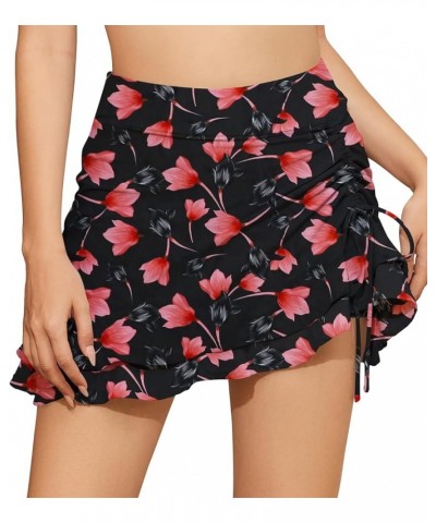 Women's Ruffle Flowy Swim Skirt Skorts 15" Summer Drawstring Bikini Tankini Bottom Bathing Suit Skirts Ruffle-floral Black Re...