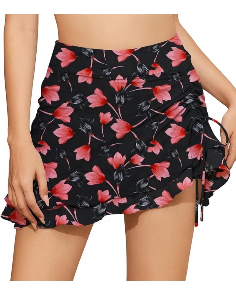 Women's Ruffle Flowy Swim Skirt Skorts 15" Summer Drawstring Bikini Tankini Bottom Bathing Suit Skirts Ruffle-floral Black Re...