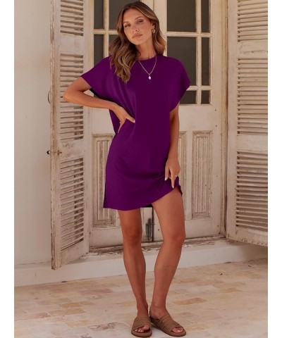 Women’s Summer Short Sleeve T-Shirt Dress Casual Loose Slit Beach Mini Dress Tunic Top Purple $19.79 Dresses