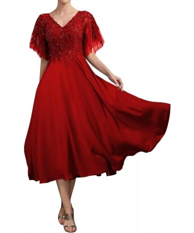 Beaded Sequin Mother of The Bride Dresses for Wedding Tea Length Lace Chiffon Mother of The Groom Dress Red $34.00 Dresses