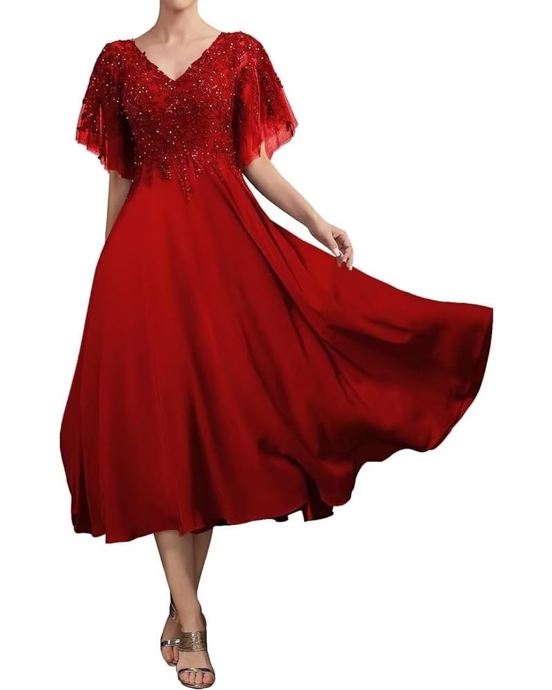 Beaded Sequin Mother of The Bride Dresses for Wedding Tea Length Lace Chiffon Mother of The Groom Dress Red $34.00 Dresses