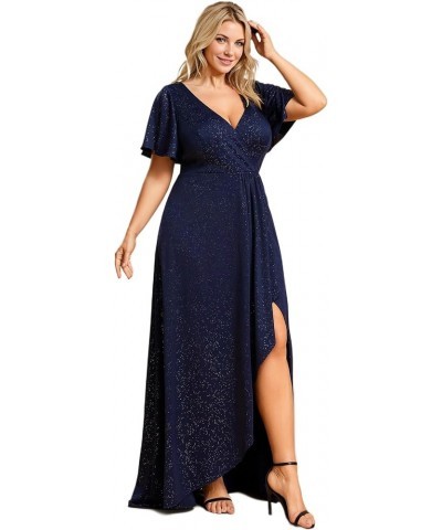 Women's Glitter A-line High Low Ruffles Plus Size Formal Dresses with Sleeves 1738-DAPH Navy Blue $27.09 Dresses