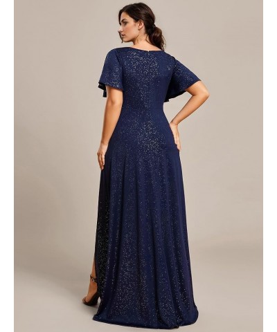 Women's Glitter A-line High Low Ruffles Plus Size Formal Dresses with Sleeves 1738-DAPH Navy Blue $27.09 Dresses