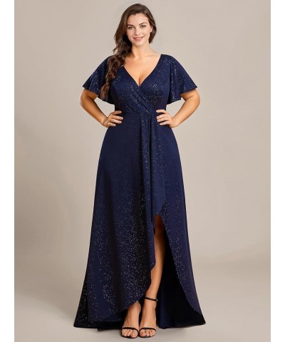 Women's Glitter A-line High Low Ruffles Plus Size Formal Dresses with Sleeves 1738-DAPH Navy Blue $27.09 Dresses