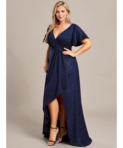 Women's Glitter A-line High Low Ruffles Plus Size Formal Dresses with Sleeves 1738-DAPH Navy Blue $27.09 Dresses