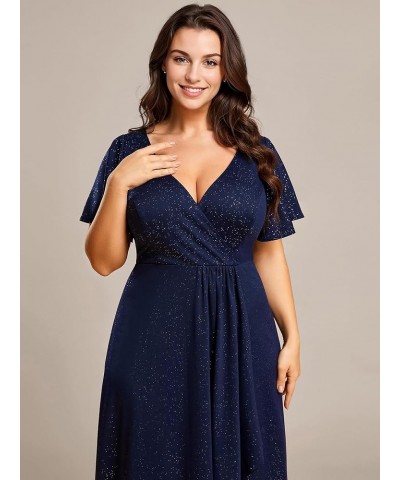 Women's Glitter A-line High Low Ruffles Plus Size Formal Dresses with Sleeves 1738-DAPH Navy Blue $27.09 Dresses