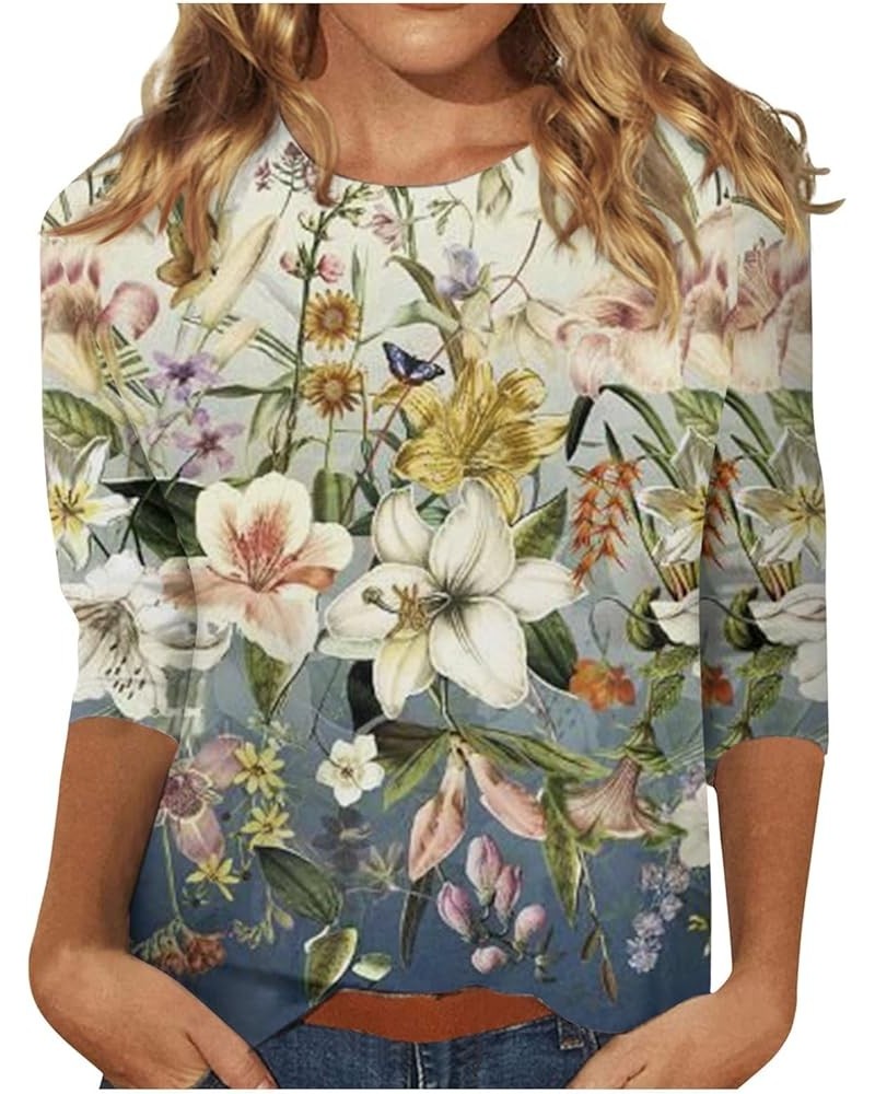 3/4 Sleeve Shirts for Women 2023 Casual Tops for Women Summer Floral Printed Round Neck Pullover Trendy Loose T-Shirt 03-ligh...