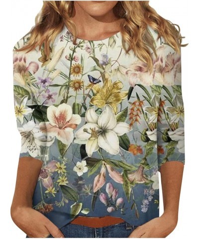 3/4 Sleeve Shirts for Women 2023 Casual Tops for Women Summer Floral Printed Round Neck Pullover Trendy Loose T-Shirt 03-ligh...