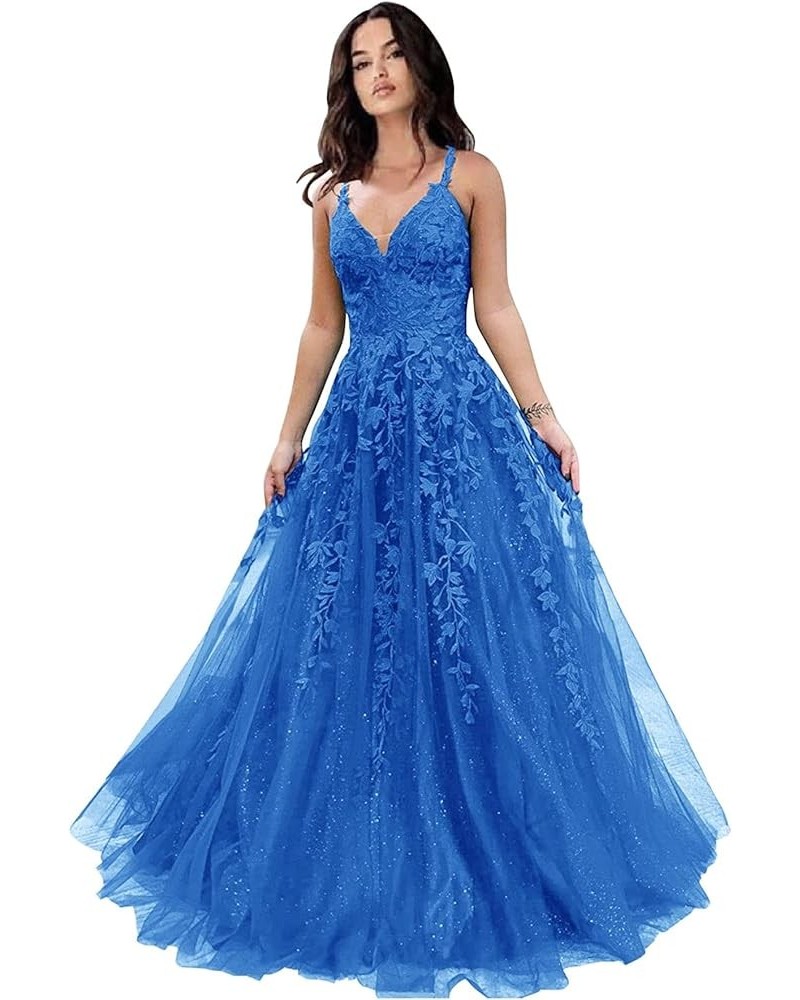 Women's Long Tulle Evening Dress Floral Appliques A-line Formal Maxi Dress WK12201 Blue $37.60 Dresses