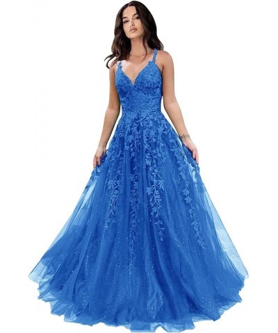 Women's Long Tulle Evening Dress Floral Appliques A-line Formal Maxi Dress WK12201 Blue $37.60 Dresses