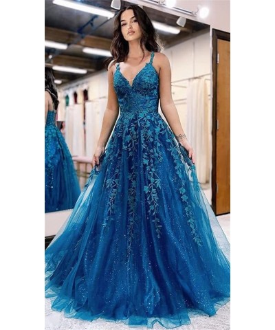 Women's Long Tulle Evening Dress Floral Appliques A-line Formal Maxi Dress WK12201 Blue $37.60 Dresses