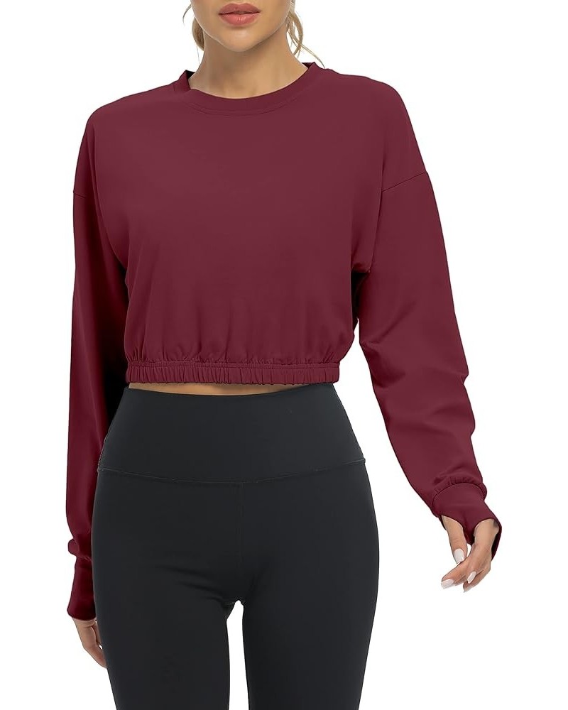 Long Sleeve Cropped Workout Shirts Athletic Gym Yoga Crop Tops for Women Wine Red $13.49 Activewear