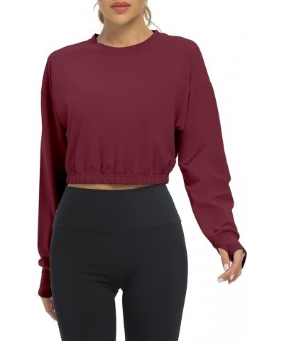 Long Sleeve Cropped Workout Shirts Athletic Gym Yoga Crop Tops for Women Wine Red $13.49 Activewear