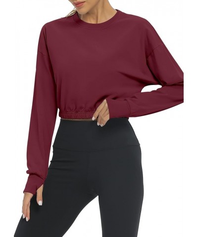 Long Sleeve Cropped Workout Shirts Athletic Gym Yoga Crop Tops for Women Wine Red $13.49 Activewear