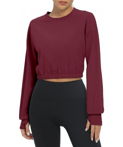 Long Sleeve Cropped Workout Shirts Athletic Gym Yoga Crop Tops for Women Wine Red $13.49 Activewear