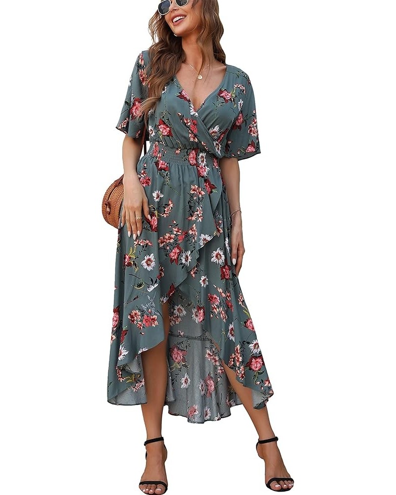 Womens Short Sleeve Floral High Low V-Neck Flowy Party Long Maxi Dress Grey Flower $18.48 Dresses