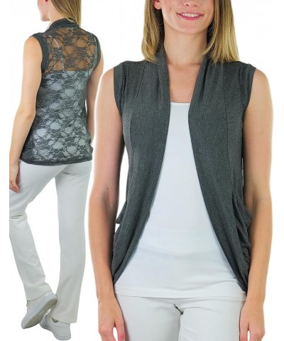 Women's Long Sleeve Open Front Lightweight Cardigan Sleeveless Backlace W/ Pockets - Charcoal $10.99 Sweaters