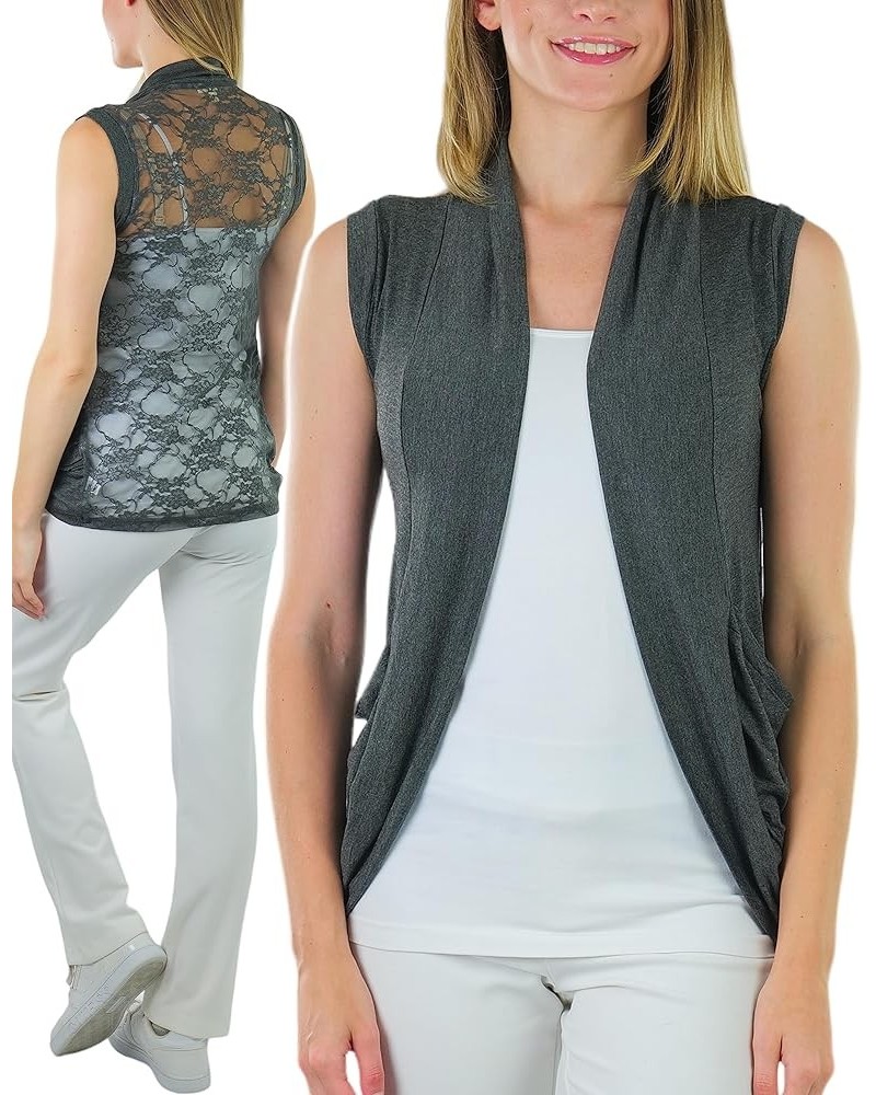 Women's Long Sleeve Open Front Lightweight Cardigan Sleeveless Backlace W/ Pockets - Charcoal $10.99 Sweaters