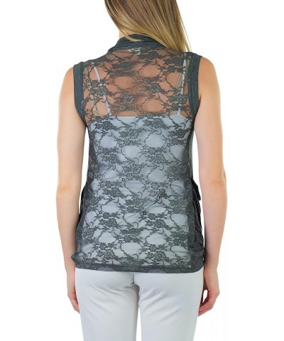 Women's Long Sleeve Open Front Lightweight Cardigan Sleeveless Backlace W/ Pockets - Charcoal $10.99 Sweaters