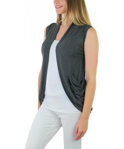 Women's Long Sleeve Open Front Lightweight Cardigan Sleeveless Backlace W/ Pockets - Charcoal $10.99 Sweaters