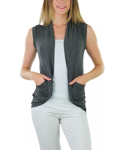 Women's Long Sleeve Open Front Lightweight Cardigan Sleeveless Backlace W/ Pockets - Charcoal $10.99 Sweaters