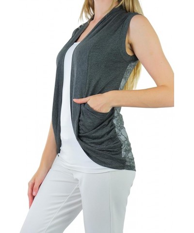 Women's Long Sleeve Open Front Lightweight Cardigan Sleeveless Backlace W/ Pockets - Charcoal $10.99 Sweaters