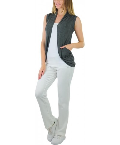 Women's Long Sleeve Open Front Lightweight Cardigan Sleeveless Backlace W/ Pockets - Charcoal $10.99 Sweaters