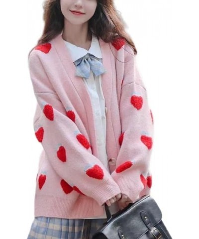 Women's Japanese Style Cardigan Sweater Women's Loose, Sweet, Cute Strawberry Knitted Cardigan Jacket Pink $14.15 Sweaters