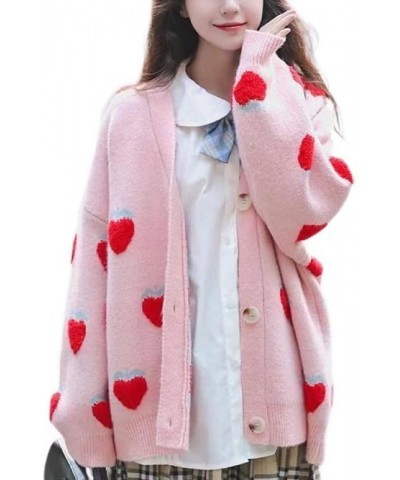 Women's Japanese Style Cardigan Sweater Women's Loose, Sweet, Cute Strawberry Knitted Cardigan Jacket Pink $14.15 Sweaters