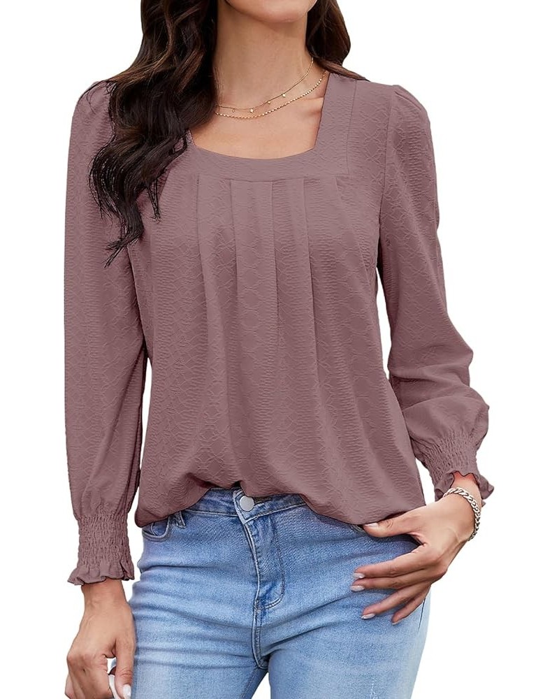 Womens 2023 Puff Long Sleeve Tops Square Neck Pleated Shirts Casual Loose Tunic Blouses Dark Pink $10.44 Tops