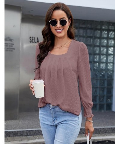 Womens 2023 Puff Long Sleeve Tops Square Neck Pleated Shirts Casual Loose Tunic Blouses Dark Pink $10.44 Tops