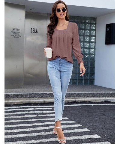 Womens 2023 Puff Long Sleeve Tops Square Neck Pleated Shirts Casual Loose Tunic Blouses Dark Pink $10.44 Tops