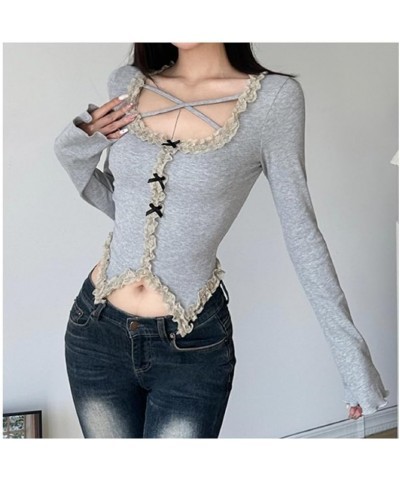 Y2K Bow Knot Lace Patchwork Crop Top Harajuku Aesthetic Low Neck Shirts Long Sleeve Fairycore Vintage Tee Pullovers V Neck Bo...