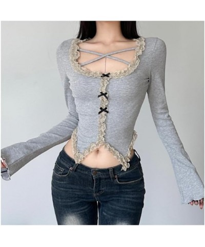 Y2K Bow Knot Lace Patchwork Crop Top Harajuku Aesthetic Low Neck Shirts Long Sleeve Fairycore Vintage Tee Pullovers V Neck Bo...